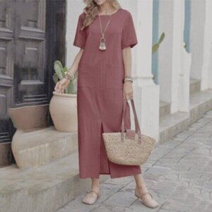 Women's cotton and linen solid color loose round neck short sleeve dress